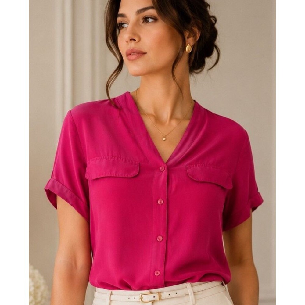 BOGARI 100% Silk Peach Skin Blouse Womens Small Pink Button Front Top